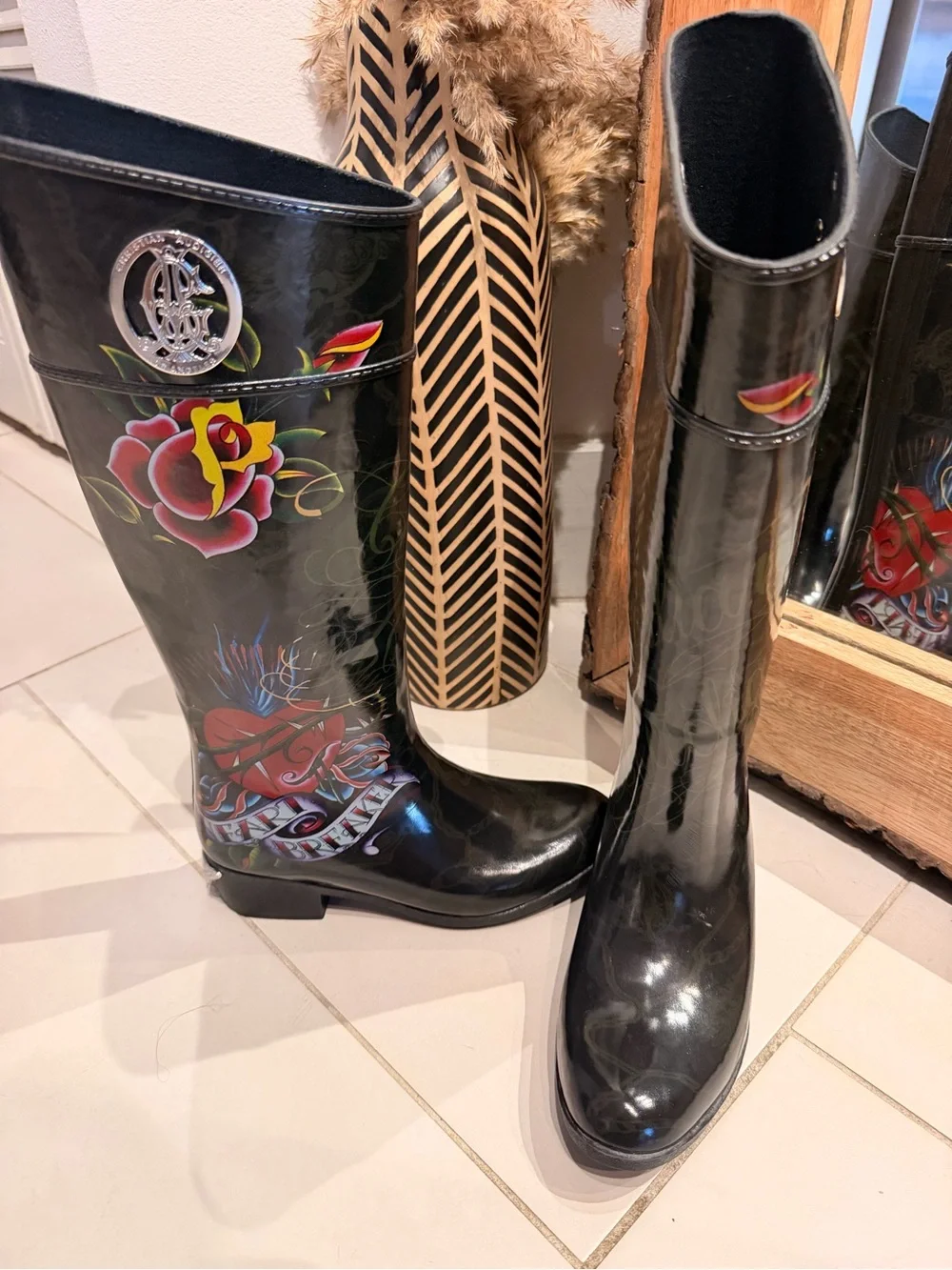 Christian Audigier Women's Black Glossy Floral tattoo print Rain Boots 8